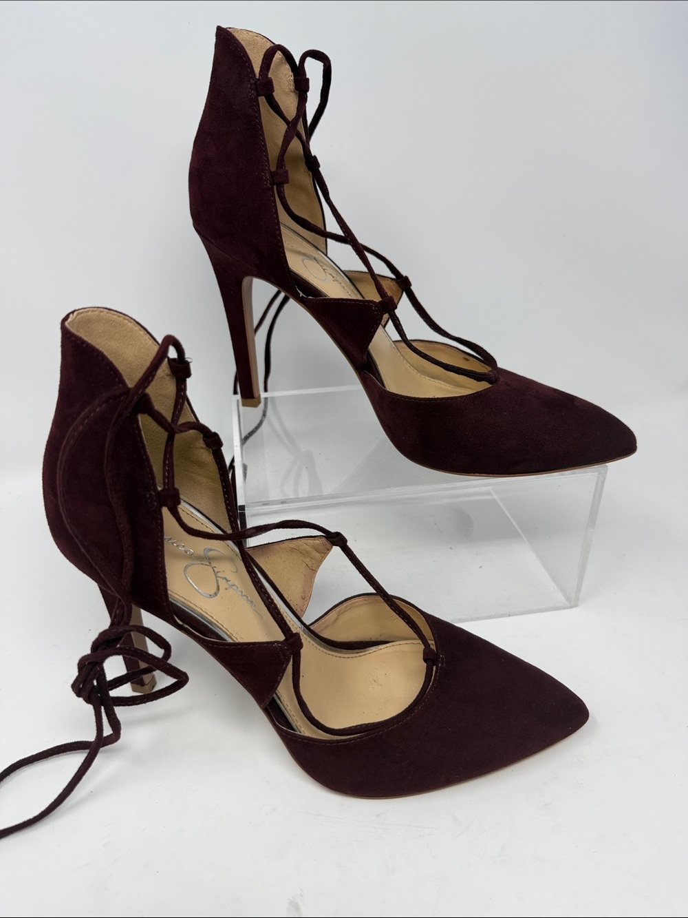 Jessica Simpson Versie Burgundy Lace-Up Suede-like Pointed Toe Stiletto Sz 8 1/2